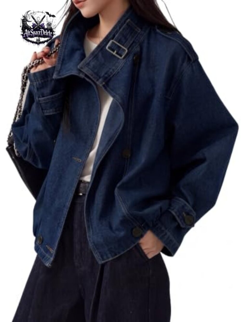 Oversized Denim Jacket Funnel Neck Button Up Casual Coat